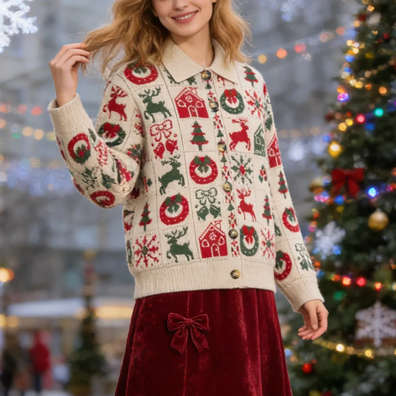 Short Christmas Jacquard Knit Cardigan For Women Polo Collar With Reindeer And Christmas Tree Autumn And Winter Casual Jacket