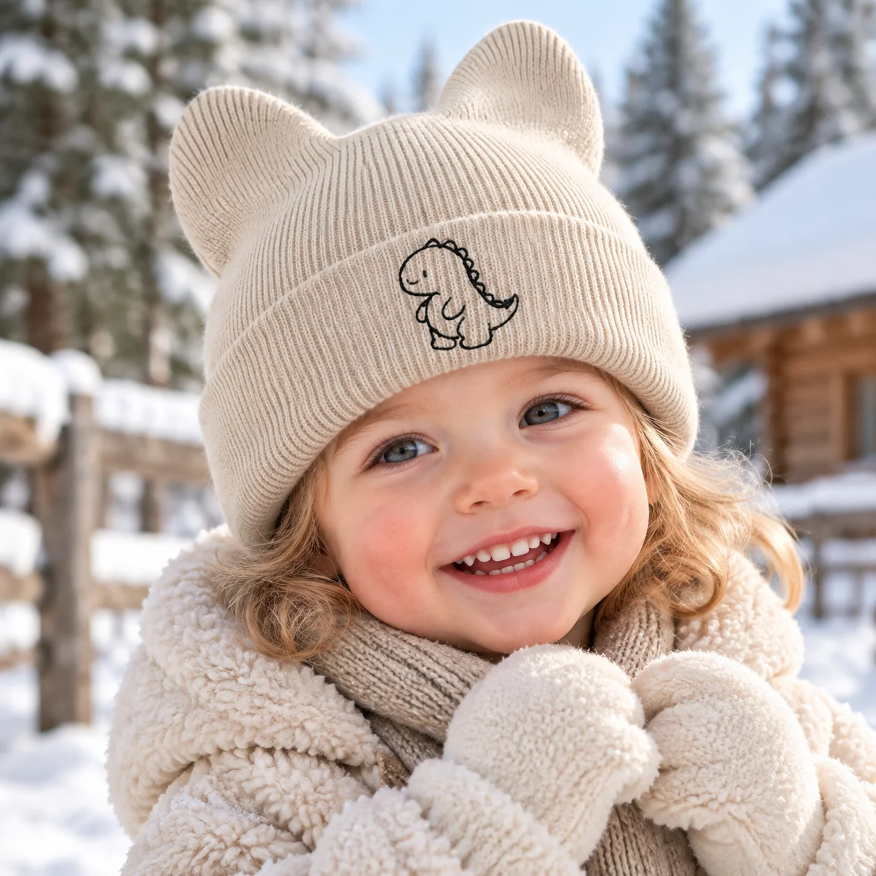 Beanie Winter Hat - Strickmütze mit süßem Cartoon-Dinosaurier-Stick für Kleinkinder