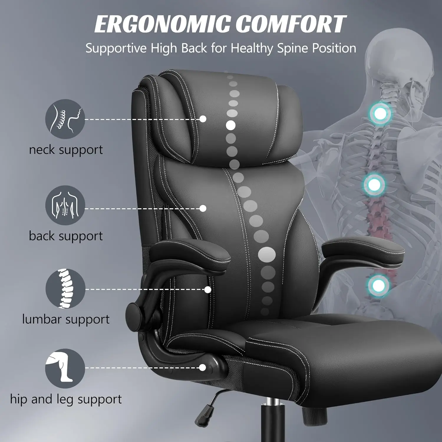 Ergonomische große und hohe Computertischstühle, atmungsaktiver Executive-Lederstuhl mit verstellbaren hochklappbaren Armlehnen und Lumb