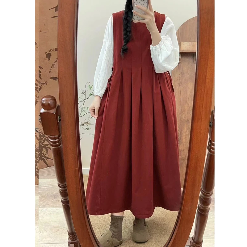 Johnature New Vintage Sleeveless Dress 2024 Vintage Simple Round Neck Press-Pleated Tethered Waist Long Dresses Women