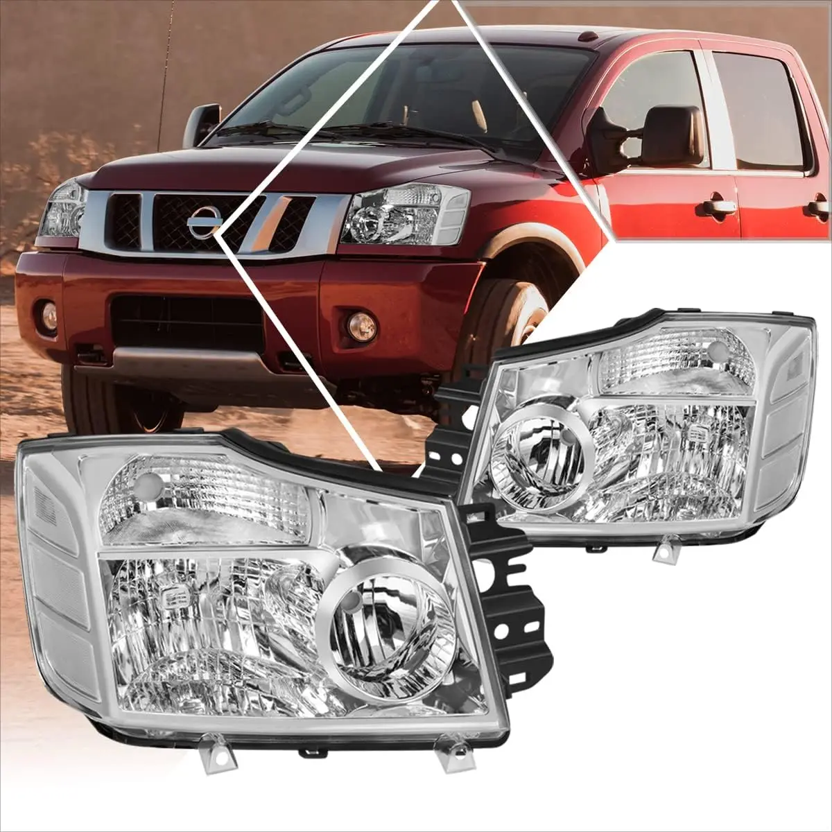 

2 шт. фары в сборе, совместимые с Armada 04-15 Titan/05-07, хромированный корпус, прозрачный угол