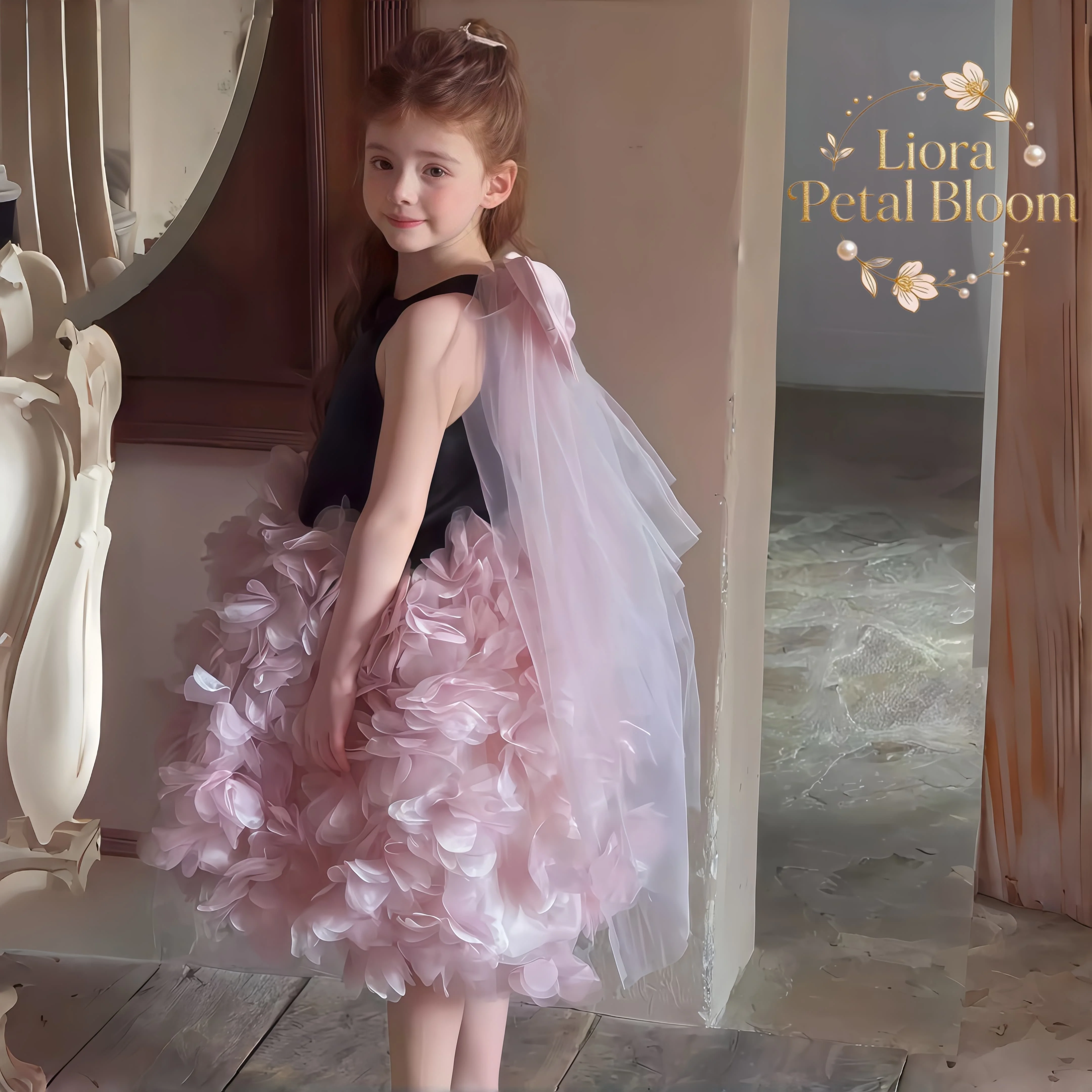 Girls' Black Floral Tulle Dress Girls' Formal Wear Long Flower Girl Dress Flower Girl Attire Flower Girl Gown - view 4