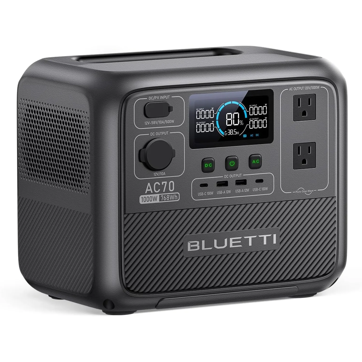 

BLUETTI Power Station AC70 768Wh LiFePO4 Battery Backup W/ 2 1000W AC Outlets (Power Lifting 2000W) 100W Type-C Solar Generator