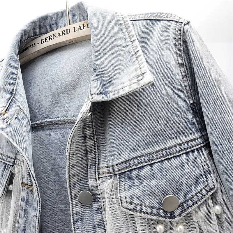 

Vintage Light Blue Beading Mesh Spliced Denim Jacket Women Cowboy Outwear Chaquetas Mujer Casual Slim Short Jeans Jacket Female