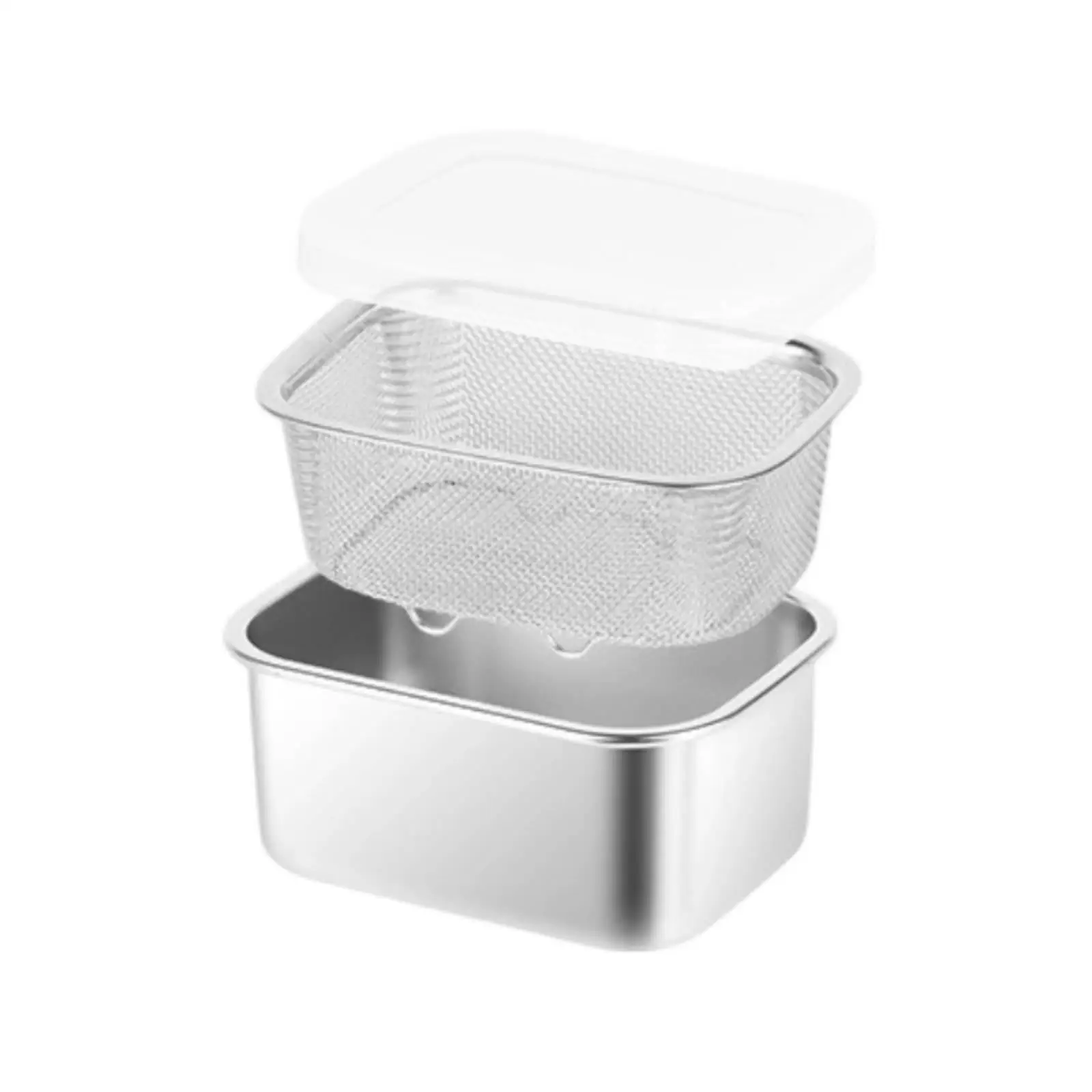 Portable Stainless Steel Food Storage Box with Mesh Strainer Lid for Rinsing Draining and Keeping Ingredients Fresh