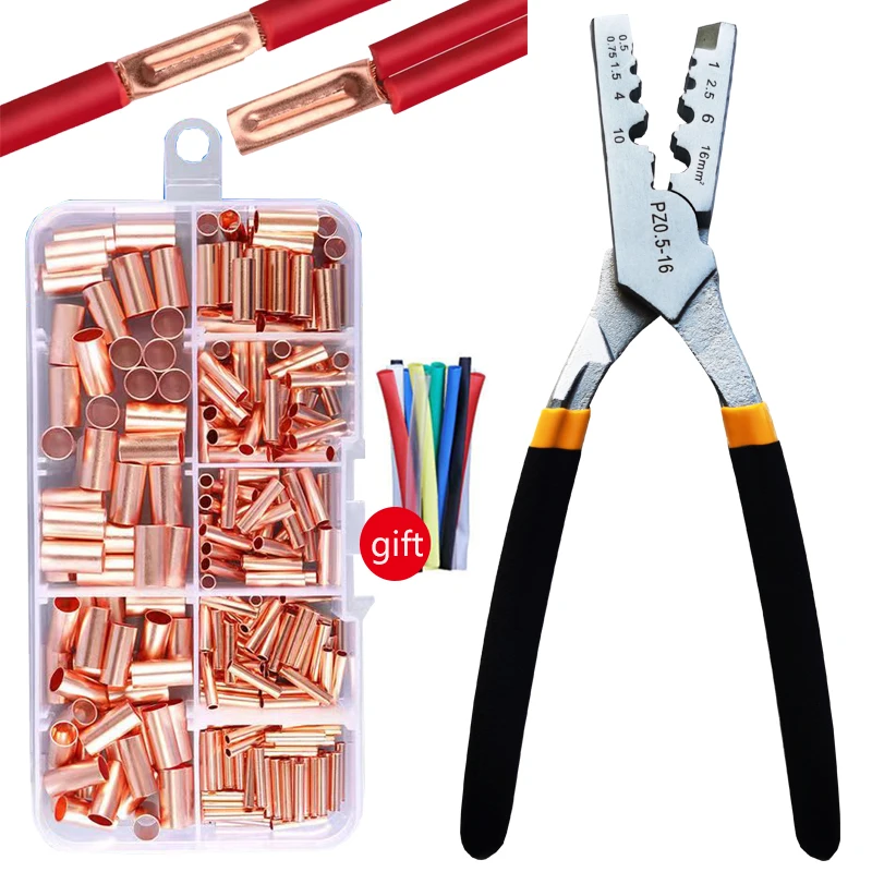 250pcs GT Copper Connecting Pipe Wire Joint Small Copper Tube Terminal Cable Lug Bootlace Ferrule Kit with Crimping Pliers