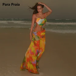 Para Praia Print Hollow Out Maxi Dress 2024 Beach Dress Bikini Cover Swimwear Cover Ups Sexy Beach Outfits for Women Beachwear