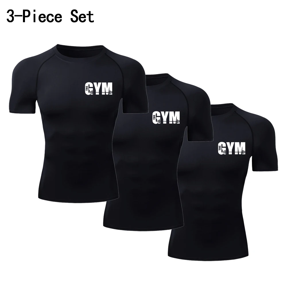 Barbell Fitness Print 3-Pack Compression Training T-shirts for Men Quick Dry Workout Gym Fitness Running Tops Casual Streetwear