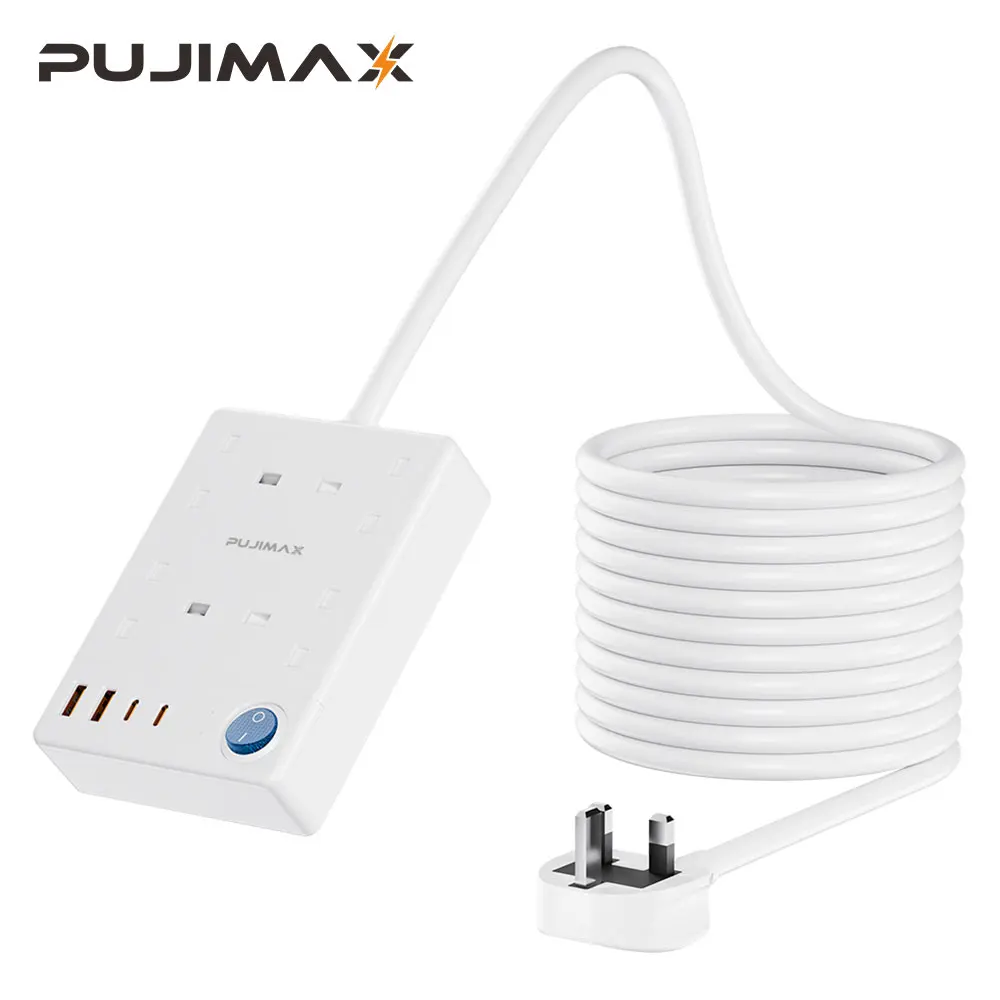 PUJIMAX  Flat Plug Power Strip With 4  Outlets +2 USB-A +2 USB-C 8 In 1 Electric Socket With 1.5 Ultra Thin Extension Cord