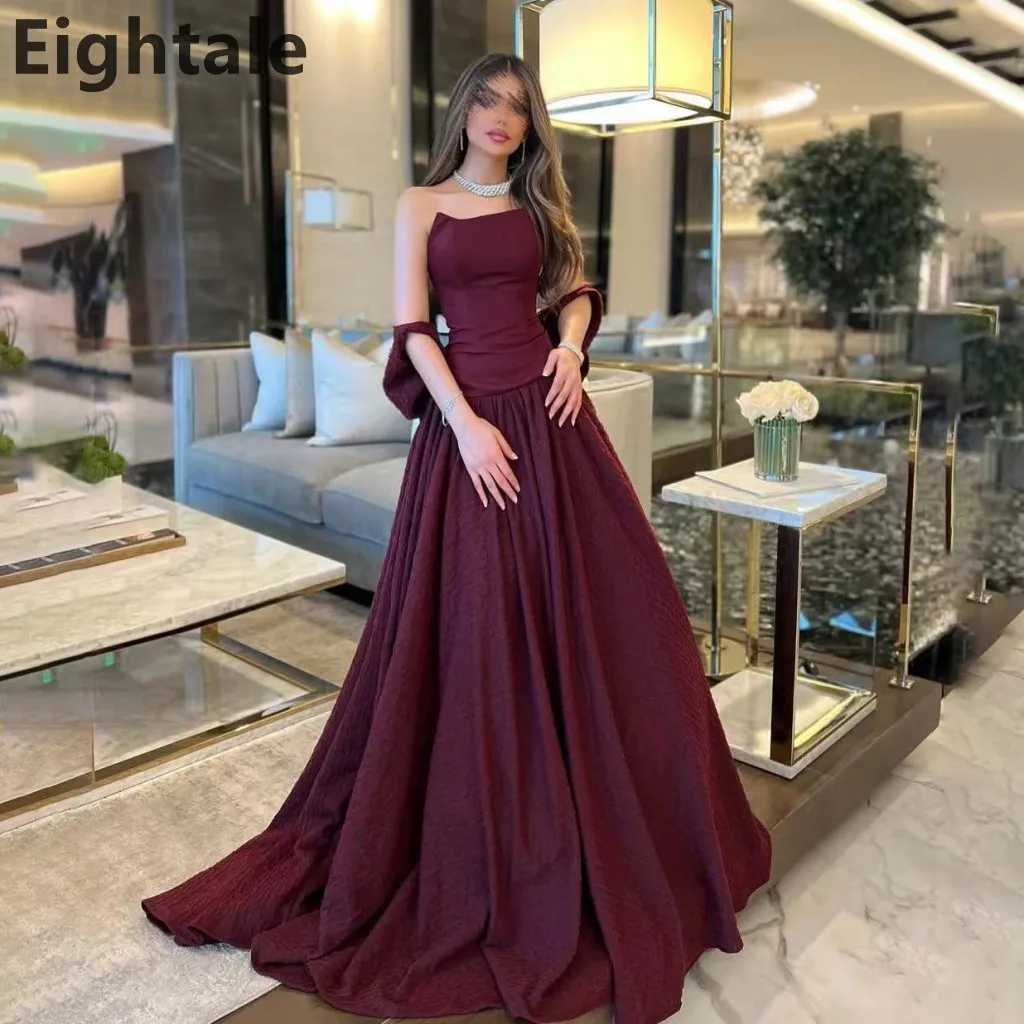 

Eightale 2025 A Line Burgundy Textured Crinkled Fabric Evening Dress Strapless Prom Dress Saudi Arabic Party Gown Customized