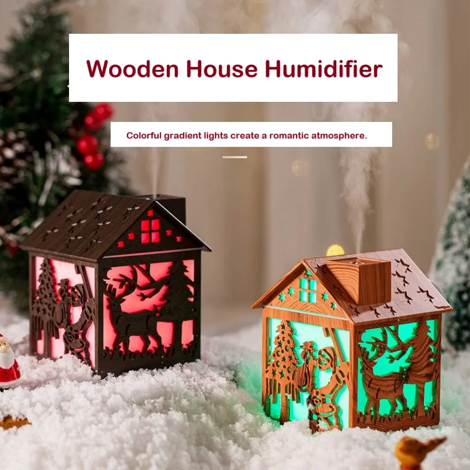 

240 мл деревянный увлажнитель для дома, рождественский тематический дизайн, ультразвуковой увлажнитель воздуха, рождественский коттедж, увлажнитель воздуха для детей, подарки
