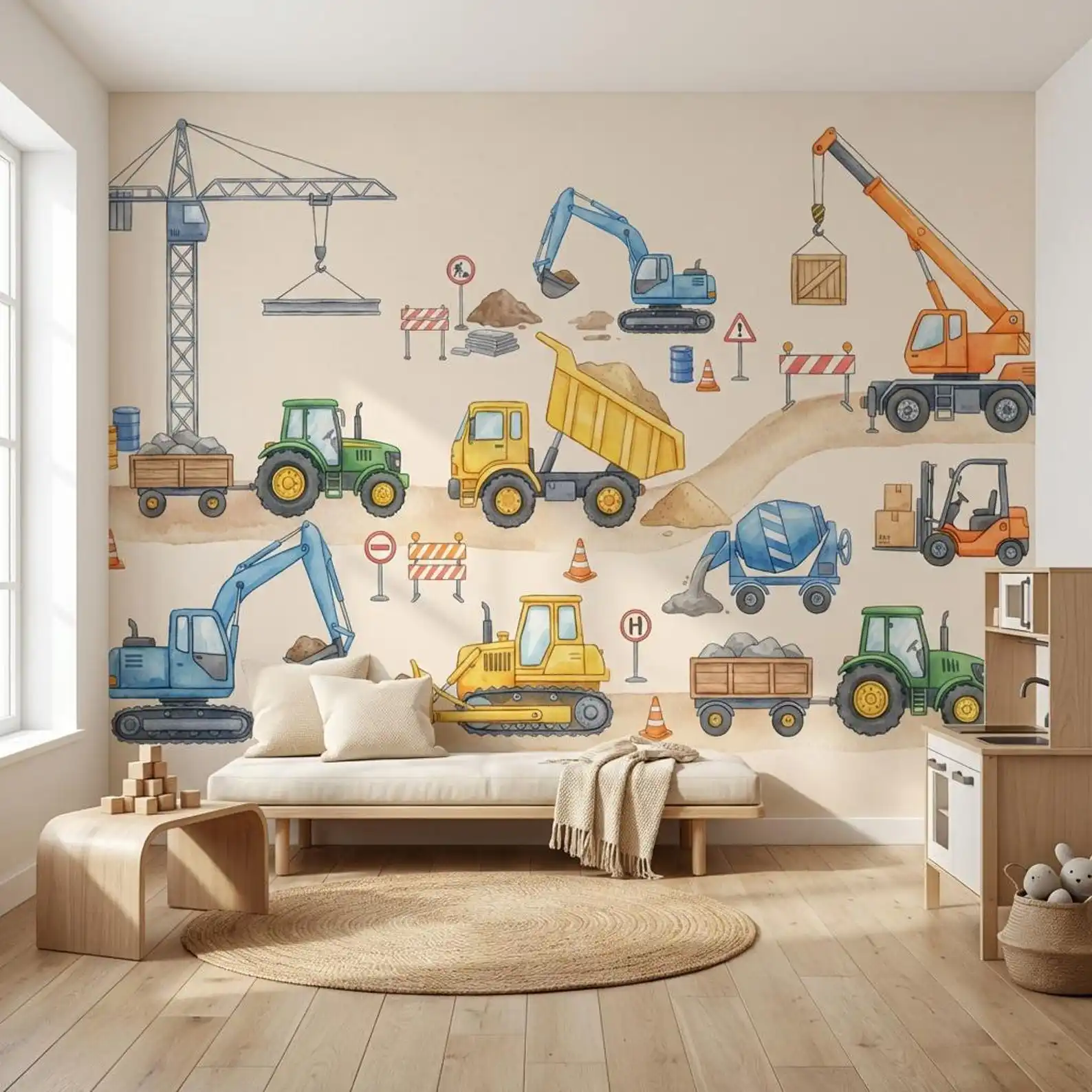 Customized Wallpaper Engineering Vehicle Wallpaper Cartoon Playful Mural Kindergarten Baby Room Toy Room Cartoon 3D Wallpaper