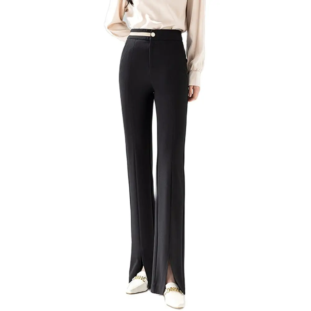 S To 4XL  Women Fashion Flare Trousers High Waist Office Slimming Fit Solid Pure White Black Stretch Flare Pants Bottom Slit