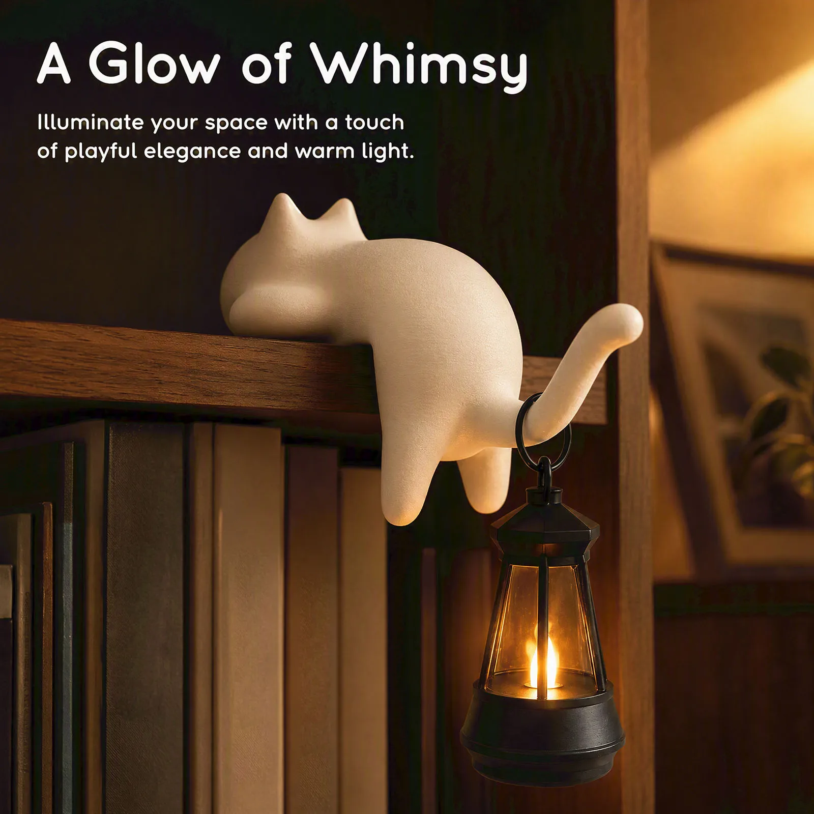 Cat Figurine Hanging Retro Lantern Lamp 3D Printed Craft Ornament with Warm LED Light Tail Design for Shelf Desktop Fireplace Ho