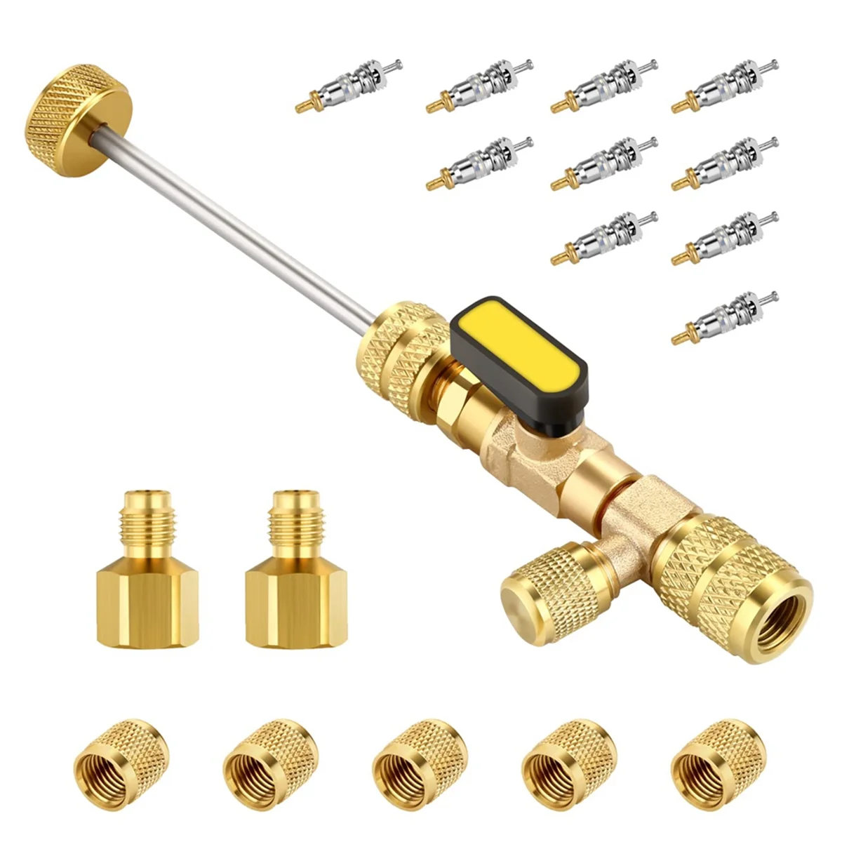 HVAC Valve Core Removal Tool, Valve Core Remover with Valve Cores, Nuts and R410 R32 Adapters, for R410 R32 R22 R12