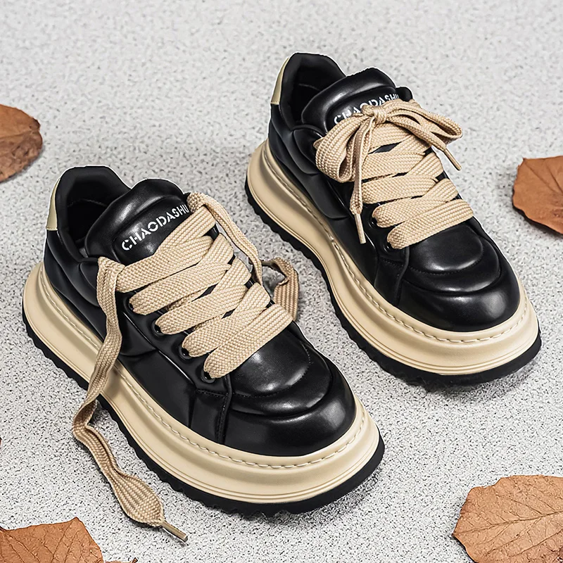 

Chunky Sneaker Men Designer Board Shoes Fashion Casual Microfiber Leather Fabric Breathable Height Increased Flat Platform Shoes