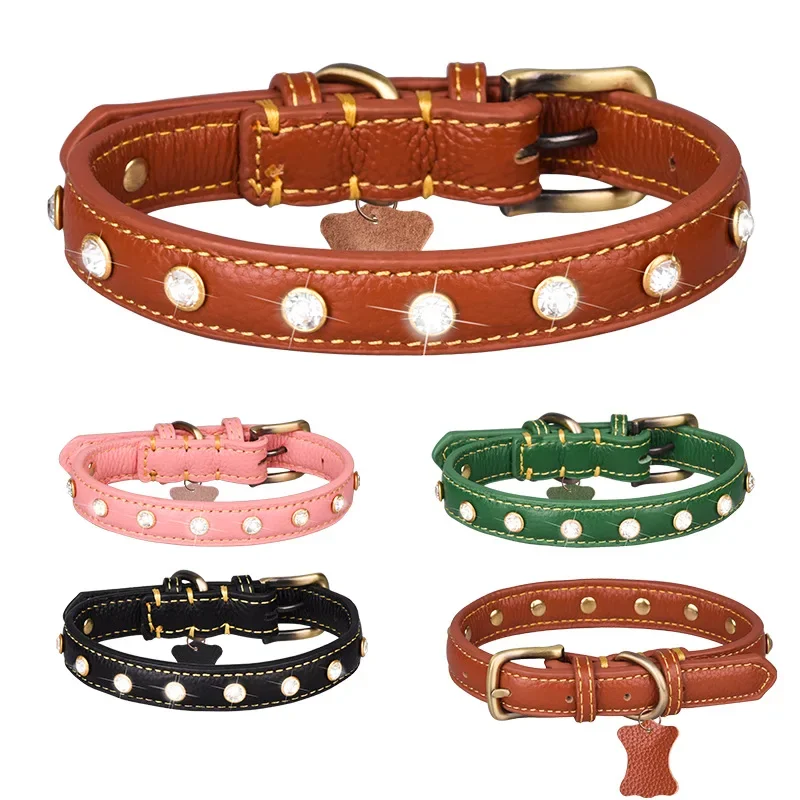 Litchi Pattern Leather Pet Collar Dog Shiny Rhinestone Dog Cat Pet Supplies Pet Accessories Dog Accessories