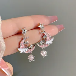 S925 Needle Japanese Style Cute Cat on The Moon Earrings Cartoon Dreamy Gentle Pink Moon Sweet Angel Wings Star Earrings