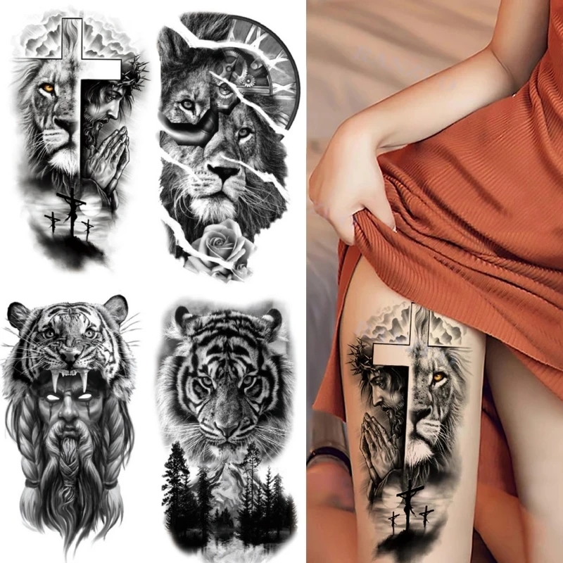 Etiqueta temporária impermeável do tatuagem, floresta, leão, tigre, urso, flash, leopardo, lobo, coroa, arte corporal, braço, falsificação, homens,