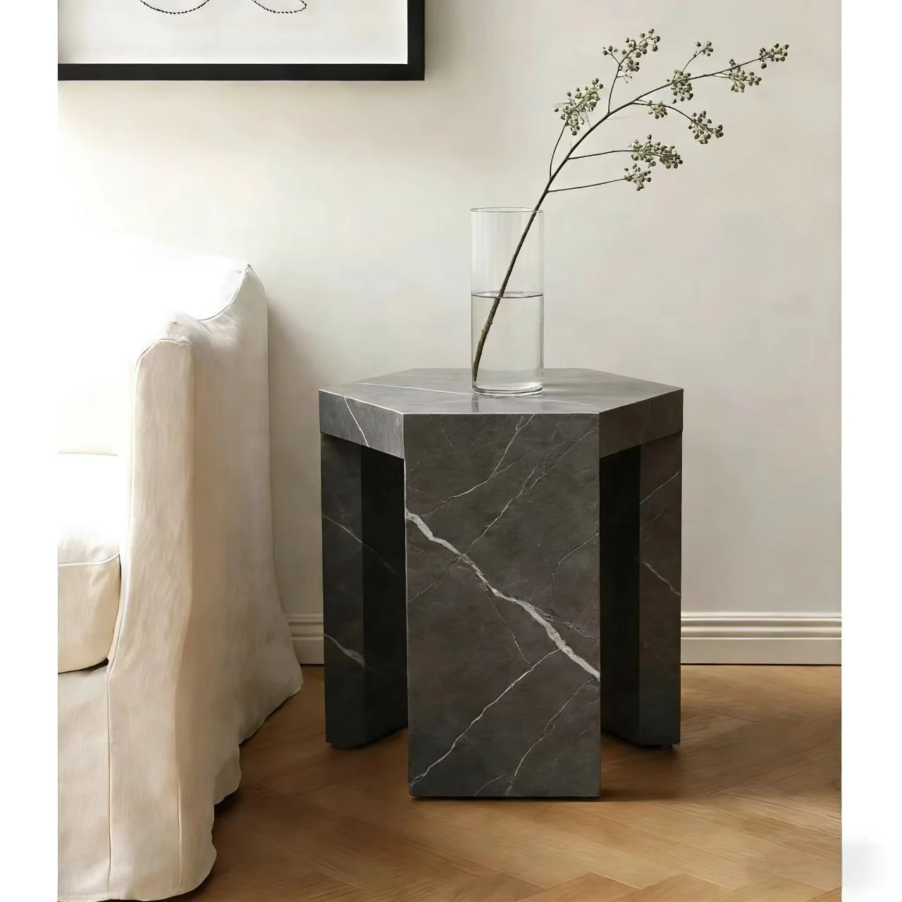 Gray marble stone side table coffee table bedside table for apartment villa luxury bedroom living room