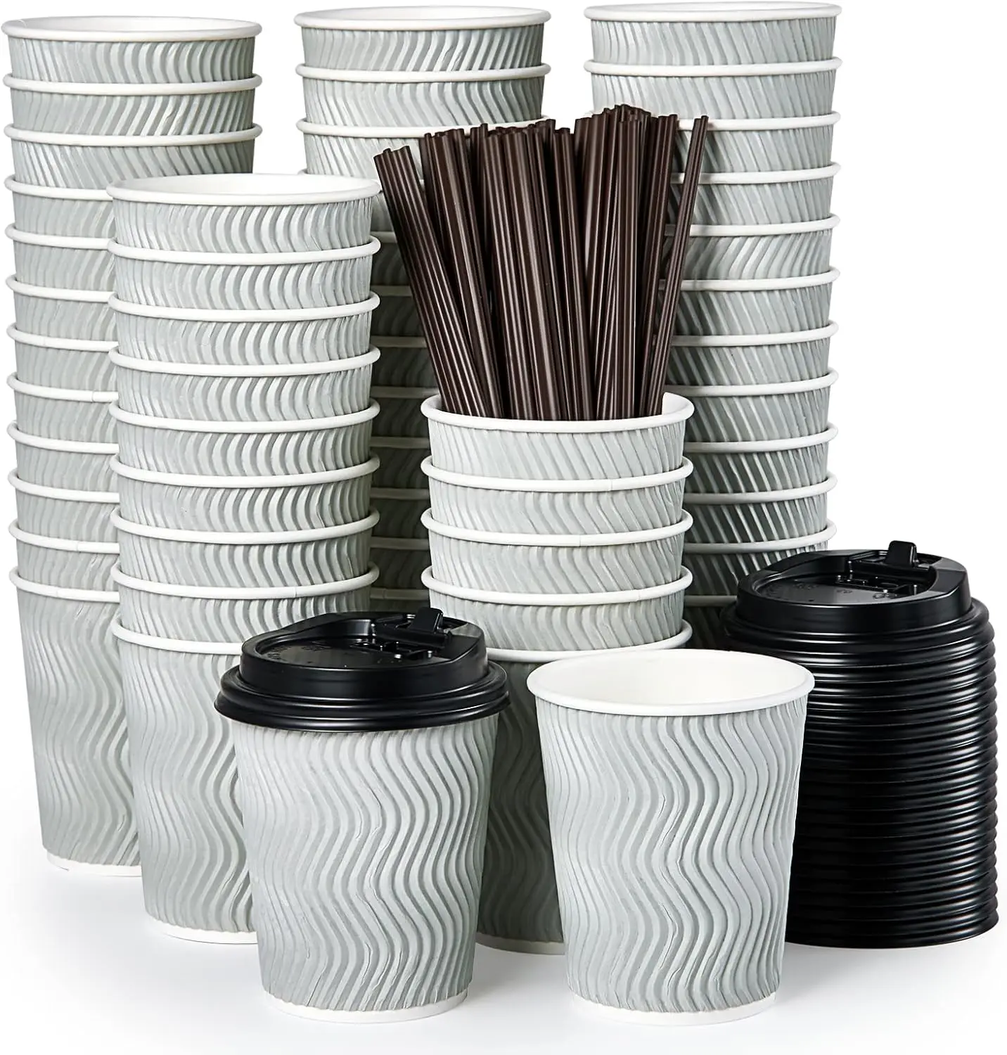 

8 oz Disposable Paper Coffee Cups, 100 Count Insulated Ripple To Go Cups With Lids and Straws for Tea, Hot Chocolate, an