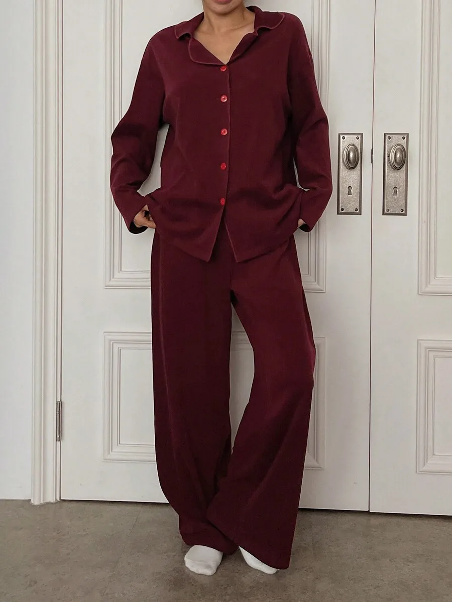 

Women Solid Knit Pajama Set Long Sleeve Turn-Down Collar Lounge Sleepwear Fall Winter