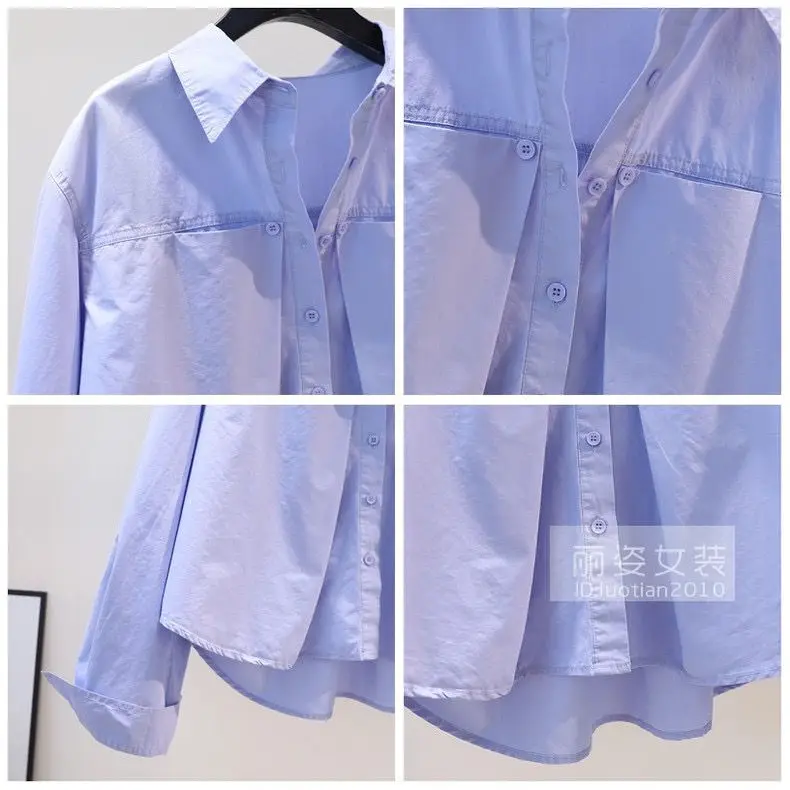 Camicia corta plissettata Design Sense, camicia in cotone a maniche lunghe allentata blu da donna, nuovo Top per la primavera/estate 2024