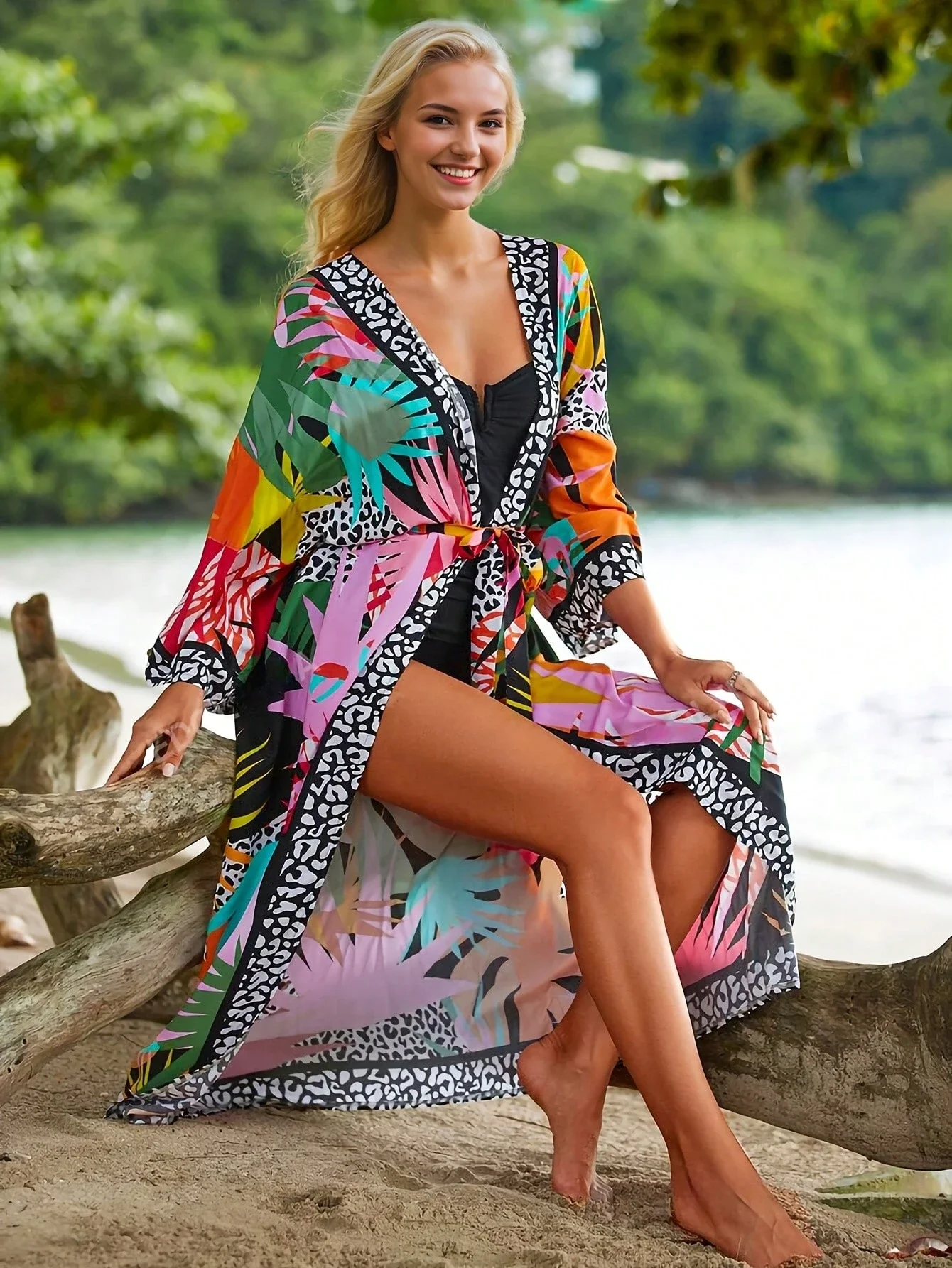 

Women's Tropical Print Belted Kimono Cover Up Dress Loose Vacation Beach Summer