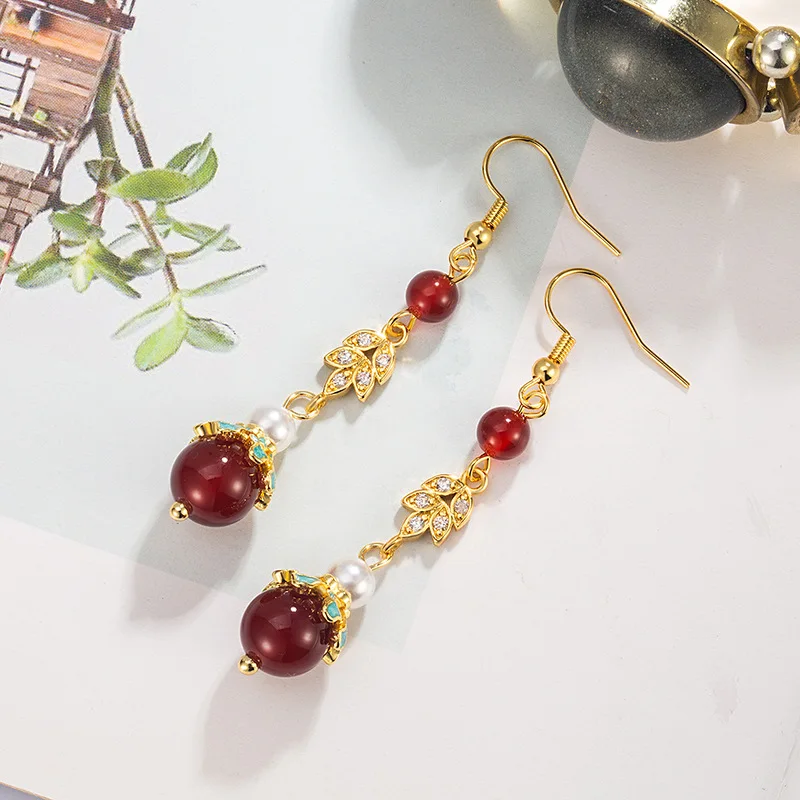 

Silver Drop Earrings Red Bead Droplet Golden Dazzling Leaf Vintage Elegant For Women Girl Gift Jewelry Dropshipping Wholesale
