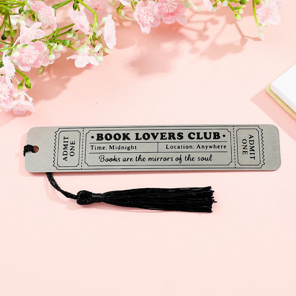 스테인리스 스틸 '책 애호가 클럽' 북마크 블랙 태슬 포함 - 티켓 스타일 디자인, 책 애호가 및 선물용