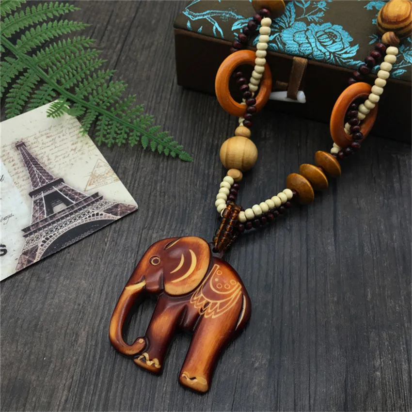 Boho Ethnic Style Long Hand Made Bead Wood Elephant Pendant Necklace Sweater Chain for Women Fashion Neck Jewelry Party Gifts