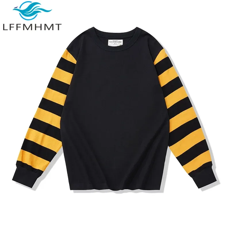 280g/m² Heavyweight Good Quality Striped Print Cotton Casual T-shirt Men's Spring Fashion O-neck Loose Casual Oversize Pullovers