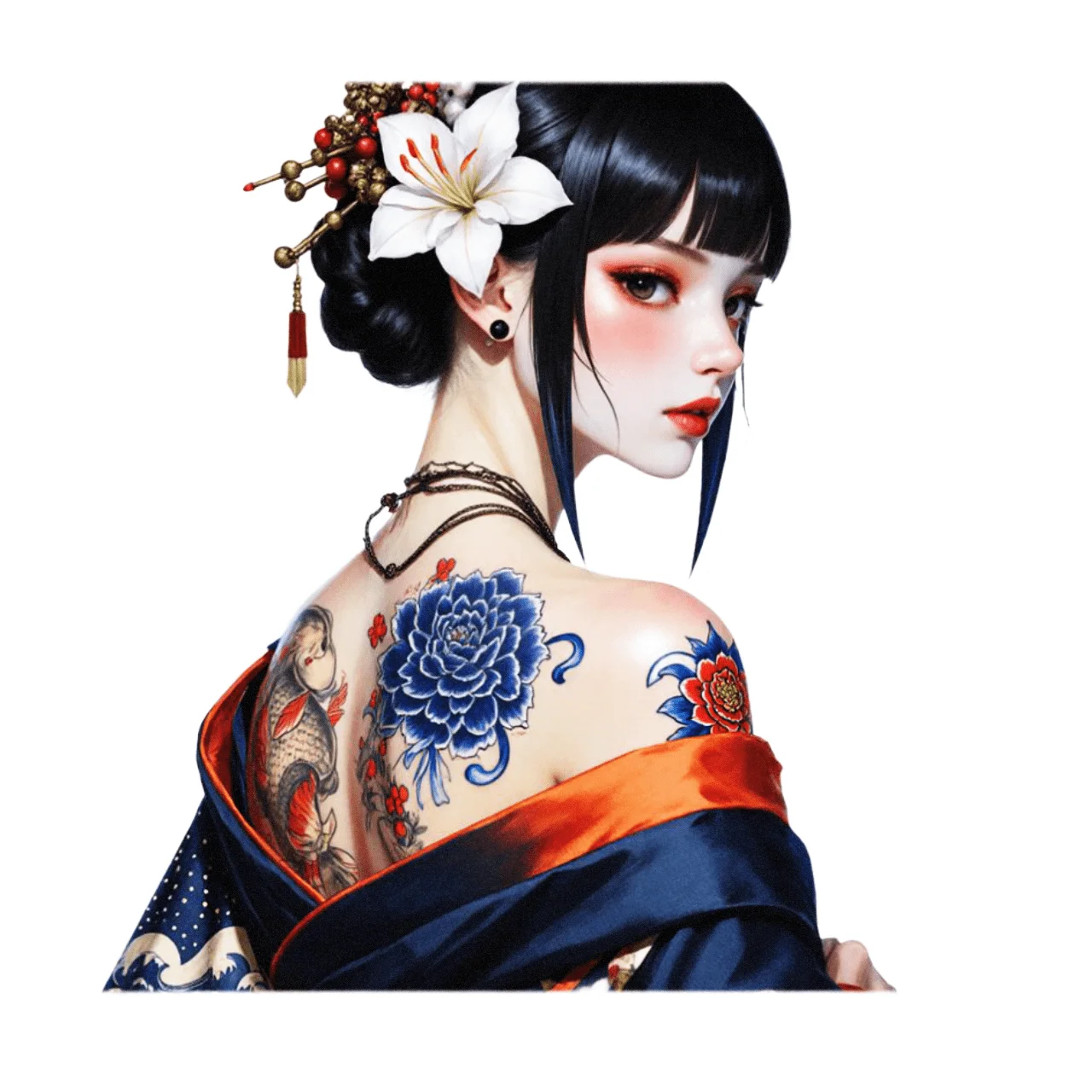 1Pc Japanese Geisha Koi Blue Peony Tattoo Art Sticker Traditional Wabori Vinyl Decal for Laptop Phone Water Bottle Notebook