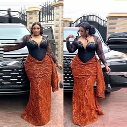 Black And Orange Plus Size Prom Dresses Lace Appliques Sheer Long Sleeves Evening Gowns African Women Mermaid Formal Party Dress