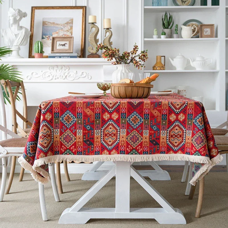Boho Rectangle Tablecloths Red Badges Pattern Jacquard Table Cloth for Christmas Halloween Dinner Birthday Parties Wedding Decor