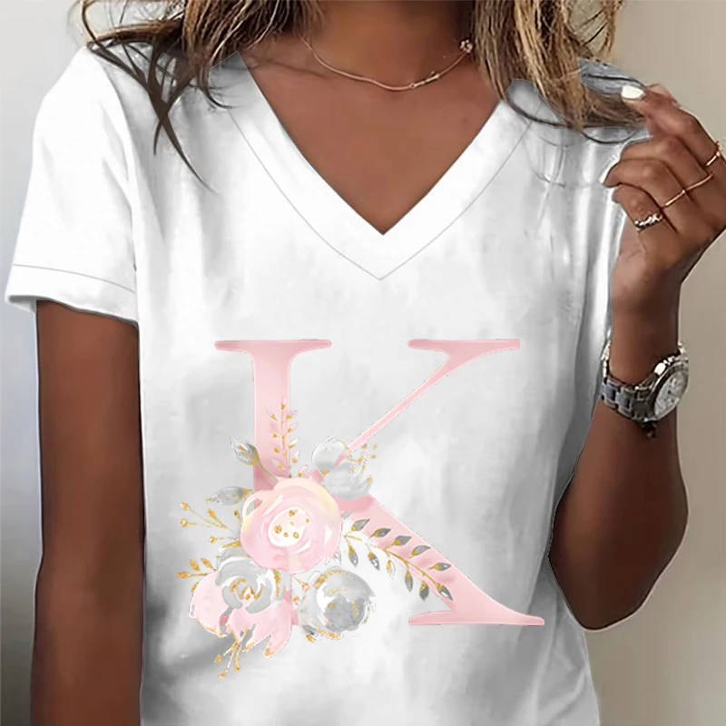 Woman T-shirts 26 Initials Pink Flower Print Tops Funny Birthday Gift for Women A-Z 26 Alphabet Floral V-neck Retro T-shirt