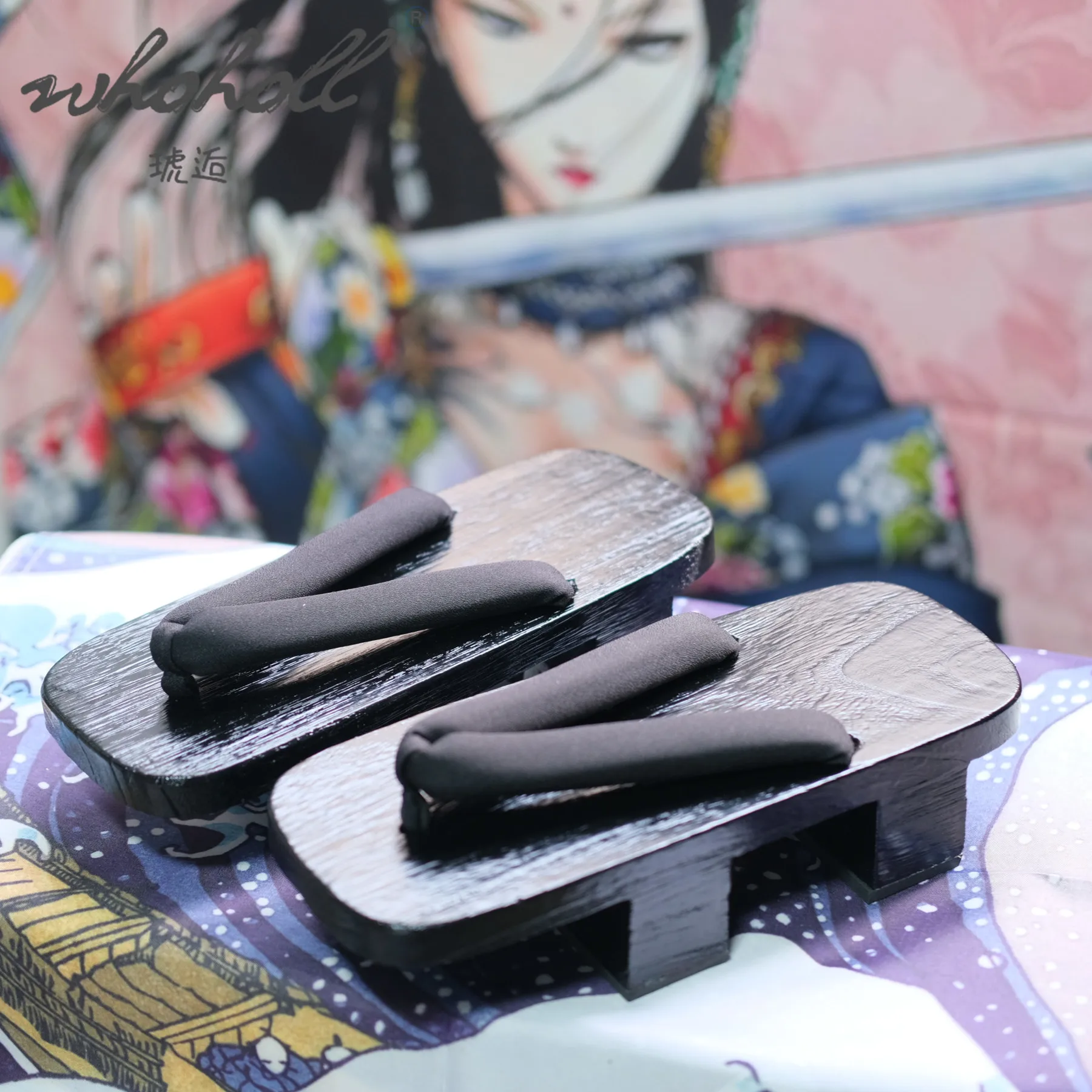 Black Paint Two-teeth Geta Flip Flops Man Women Slippers Japanese Anime Coplay Costumes Thick Platform Wood Clogs Shoes