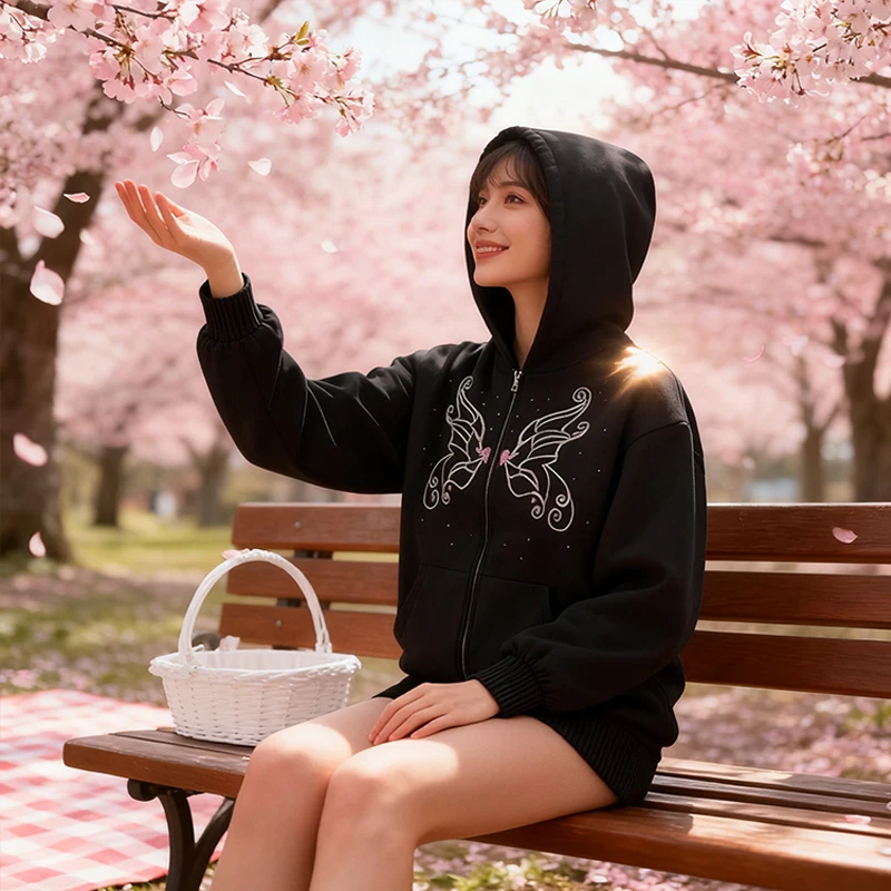 Grafica con strass a farfalla gotica Harajuku Hip Hop ﻿   Streetwear Giacche moda donna Cappotto Punk Y2k Felpa con cappuccio vintage con zip nera