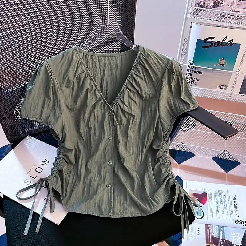Nice Femme Summer Korean Fashion Button Solid Color V-neck Simplicity All-match Drawstring Short Sleeve Cotton Women Clothing Te