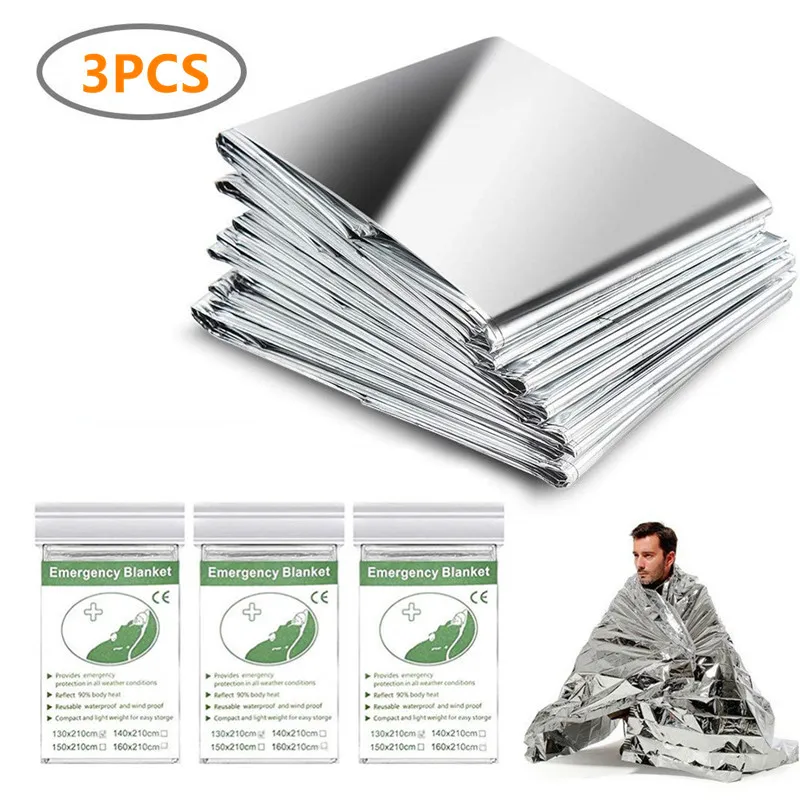 3 Pack Emergency Blanket Thermal Mylar Space Blanket Silver Foil Blanket Survival Blanket Windproof Waterproof Survival Gear