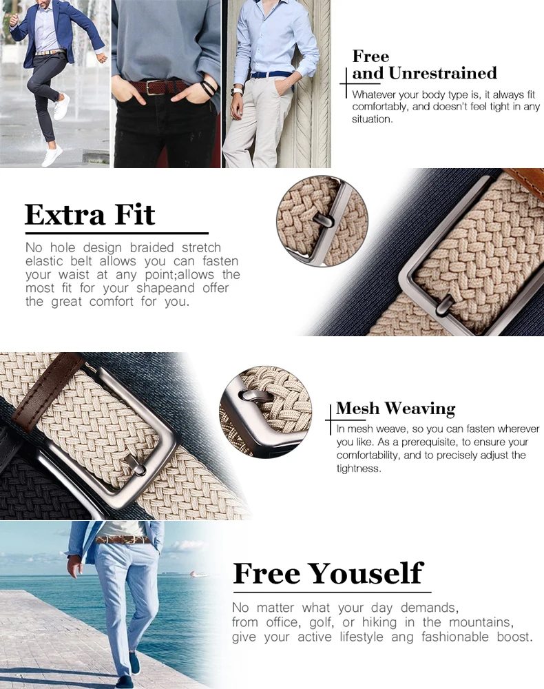 2023 doppelseitig geflochtener elastischer Gürtel Premium-Mode accessoires Stretch-Stoff Golf leder für Herren silberne Schnalle – Detail 3