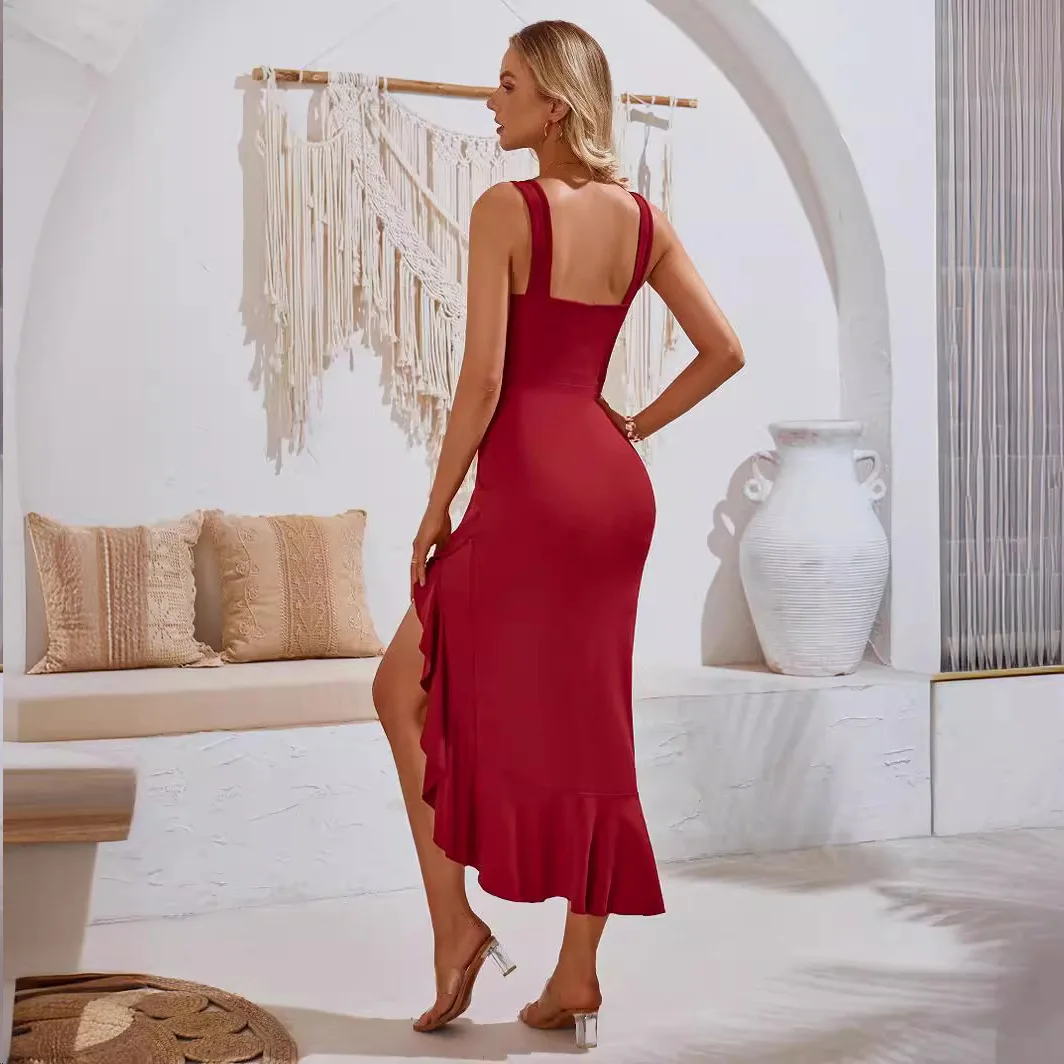 Robe moulante sans manches pour femmes, col en V, volants, taille haute, Sexy, Slim, couleur unie