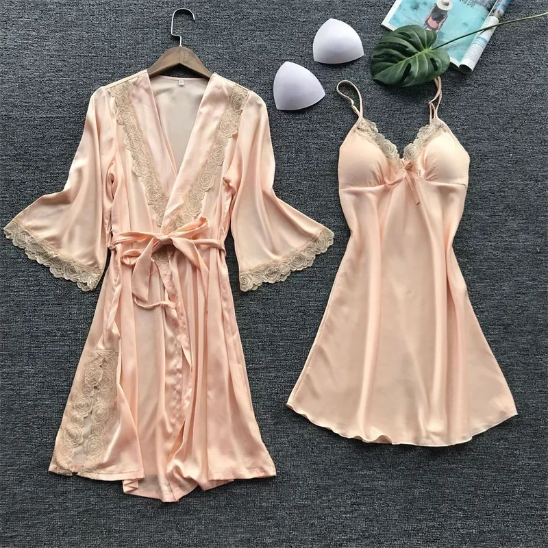 

2PCS Female Lace Pajamas Set Satin Home Pyjamamas Lace Robe Sleep Suit V-Neck Wedding Nightwear Silk Dress Women Sleepwear