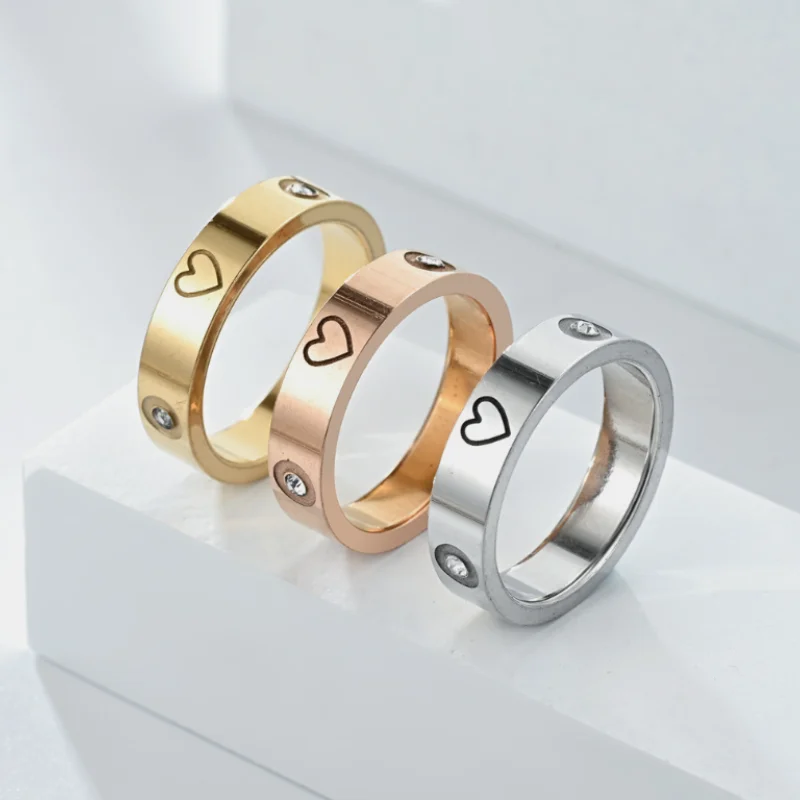 

Peach Heart Stainless Steel Couple's Ring Rose Gold With Zircon Light Luxury Jewelry For Men And Women's Anniversary Gift Set
