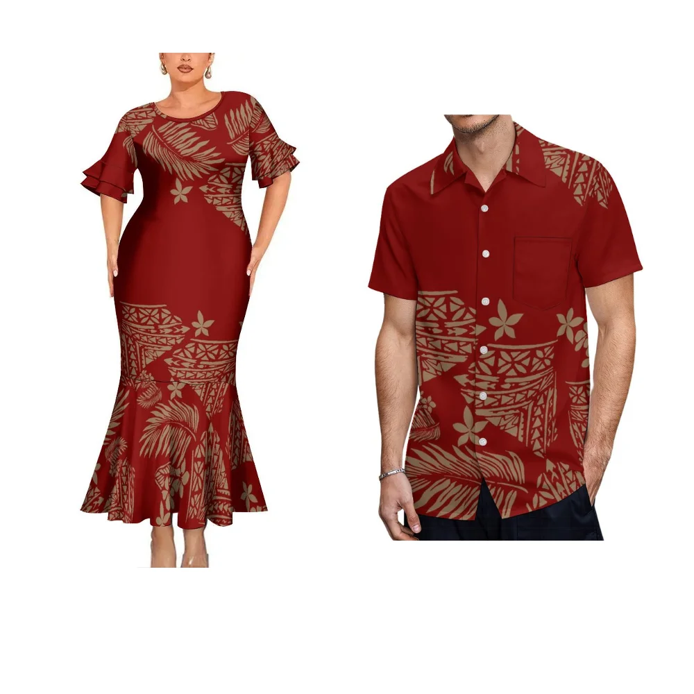 Summer Short Sleeve Couple Dress Women Sexy Slim Fishtail Skirt Men'S Fashion Pocket Shirt Polynesian Vintage Print Custom Dress