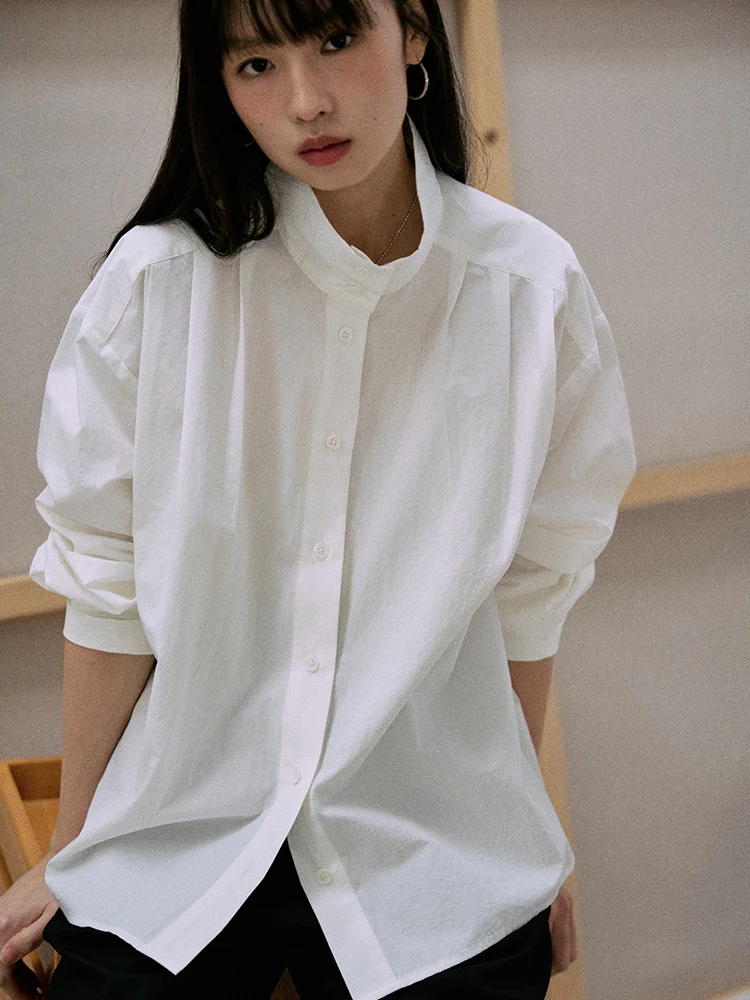 

Jicouture Women's White Linen Cotton irt Stand Collar Accordion Pleat Long Sve Spring Vintage Design Loose Fit French Sle