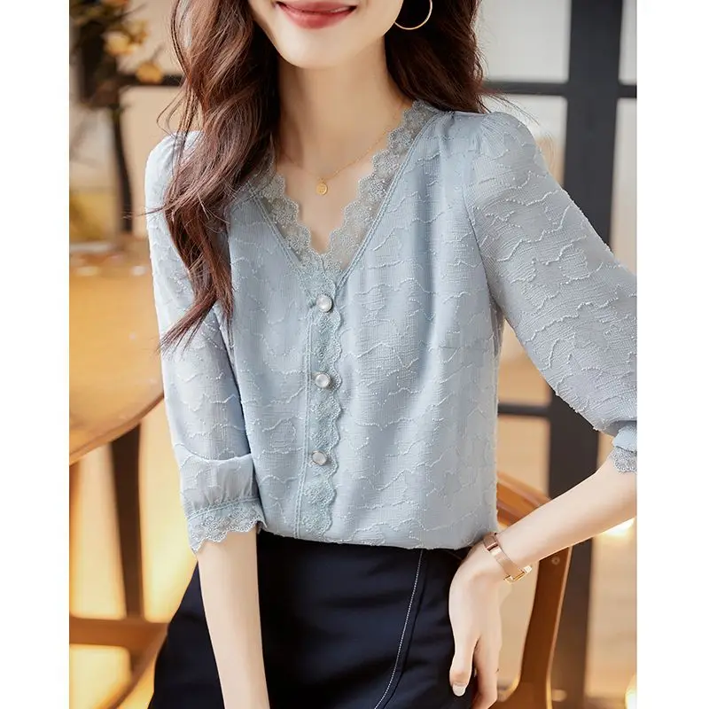 Three Quarter Sleeved V-neck Chiffon Pullover Tees for Women Summer Clothes V-Neck Splicing Lace Grayish Blue Loose Straight Top