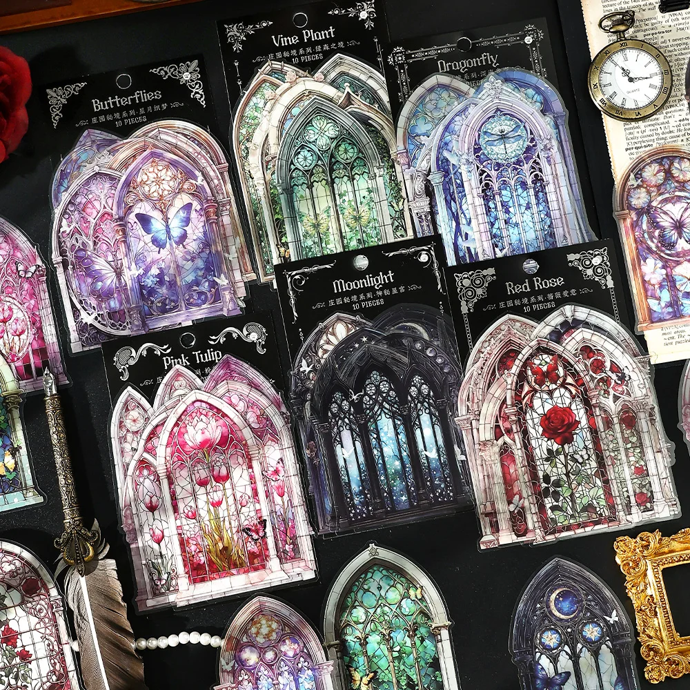 10Pcs/bag PET Sticker Vintage Window Sticker Pack DIY Decor Collage Junk Journal StickerFor Scrapbook Label Diary Album Planner