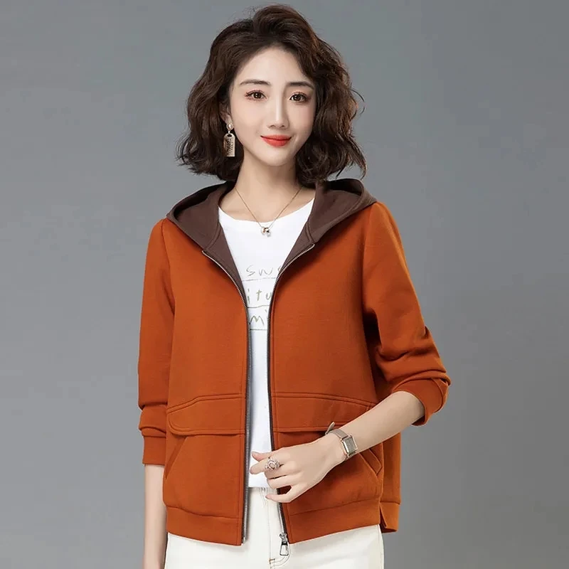 Spring And Autumn Hooded Jacket Cardigan 2024 New Fashion Casual Middle-aged Mother Temperament Casual Ladies Short Coat Tide.