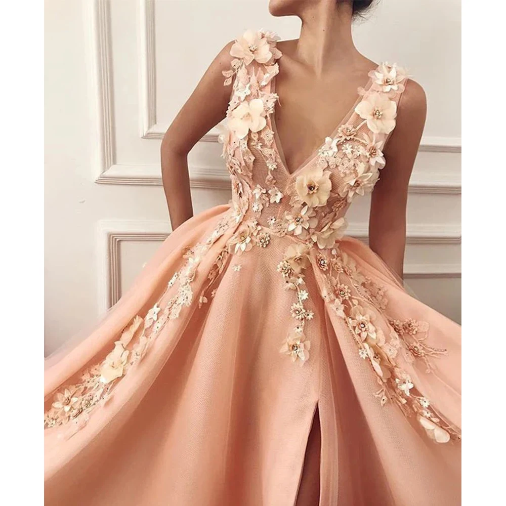 Sexy profundo decote em v vestidos de baile 3d decalque alça de ombro dupla feminino a linha pura princesa casamento formal praia festa lado alto